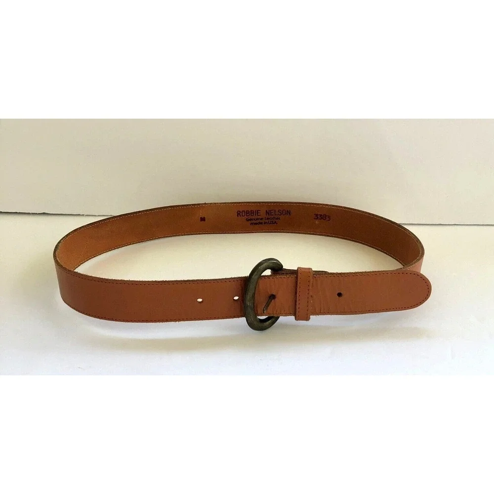 Vintage Robbie Nelson Tan‎ Leather Belt Bronze Buckle Designer Size Medium